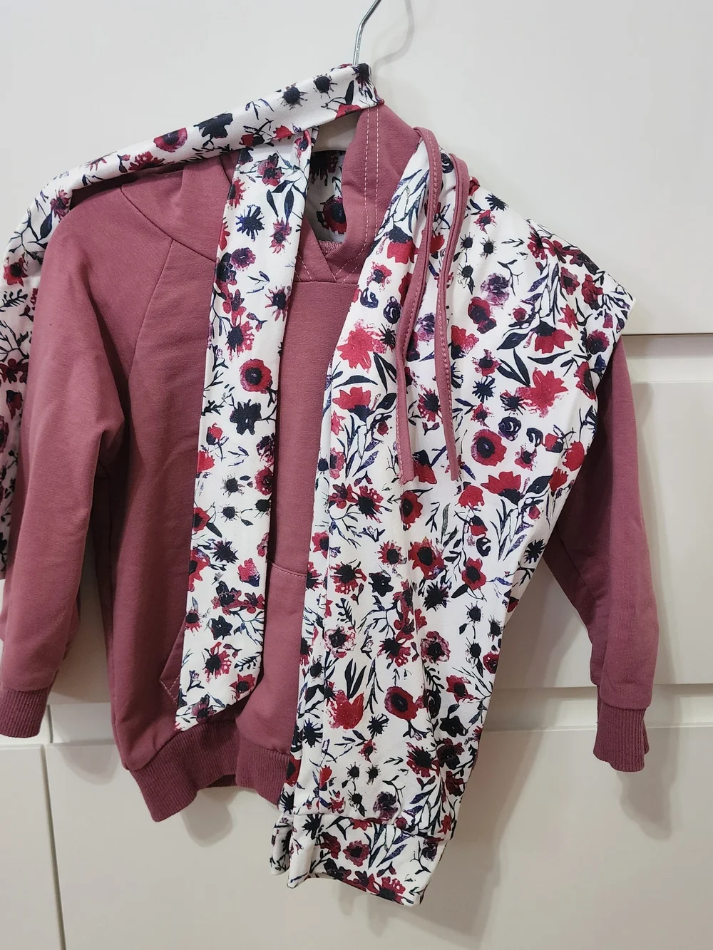 Baby Floral Print Hoodie Set in Dusty Rose With Bow.